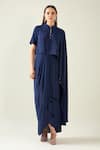 Buy_Aakaar_Blue Moss Crepe Band Collar Water Fall Asymmetric Drape Dress _at_Aza_Fashions