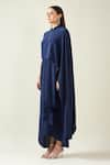 Aakaar_Blue Moss Crepe Band Collar Water Fall Asymmetric Drape Dress _Online_at_Aza_Fashions