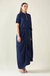 Buy_Aakaar_Blue Moss Crepe Band Collar Water Fall Asymmetric Drape Dress _Online_at_Aza_Fashions