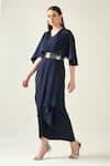 Buy_Aakaar_Blue Moss Crepe V-neck Midnight Pleat Draped Dress With Metallic Belt _at_Aza_Fashions