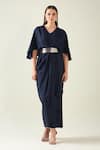 Aakaar_Blue Moss Crepe Midnight Pleat Draped Dress With Metallic Belt For Kids_Online_at_Aza_Fashions