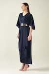 Buy_Aakaar_Blue Moss Crepe V-neck Midnight Pleat Draped Dress With Metallic Belt _Online_at_Aza_Fashions