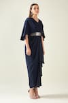 Shop_Aakaar_Blue Moss Crepe V-neck Midnight Pleat Draped Dress With Metallic Belt _Online_at_Aza_Fashions