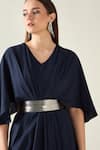 Aakaar_Blue Moss Crepe V-neck Midnight Pleat Draped Dress With Metallic Belt _at_Aza_Fashions