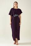 Buy_Aakaar_Purple Moss Crepe Embroidery Crystals Boat Neck Pleat Drape Dress _at_Aza_Fashions