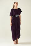 Aakaar_Purple Moss Crepe Embroidery Crystals Boat Neck Pleat Drape Dress _Online_at_Aza_Fashions