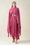 Buy_Aakaar_Pink Moss Crepe Alloy Cape Style Draped Dress With Metallic Belt For Kids_at_Aza_Fashions