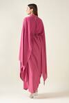 Shop_Aakaar_Pink Moss Crepe Band Collar Alloy Cape Style Draped Dress With Metallic Belt _at_Aza_Fashions