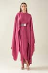 Aakaar_Pink Moss Crepe Alloy Cape Style Draped Dress With Metallic Belt For Kids_Online_at_Aza_Fashions