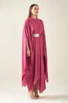 Shop_Aakaar_Pink Moss Crepe Band Collar Alloy Cape Style Draped Dress With Metallic Belt _Online_at_Aza_Fashions