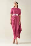 Buy_Aakaar_Pink Moss Crepe Band Collar Solid Saree Style Draped Dress With Metallic Belt _at_Aza_Fashions