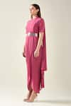 Aakaar_Pink Moss Crepe Band Collar Solid Saree Style Draped Dress With Metallic Belt _Online_at_Aza_Fashions