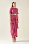 Buy_Aakaar_Pink Moss Crepe Band Collar Solid Saree Style Draped Dress With Metallic Belt _Online_at_Aza_Fashions