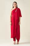 Buy_Aakaar_Red Moss Crepe Embroidery Metallic Pintuck Asymmetric Tunic With Draped Pant _at_Aza_Fashions