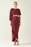 Buy_Aakaar_Wine Moss Crepe Cowl Neck Draped Dress With Metallic Belt _at_Aza_Fashions