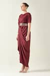 Aakaar_Wine Moss Crepe Cowl Neck Draped Dress With Metallic Belt _Online_at_Aza_Fashions