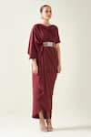 Buy_Aakaar_Wine Moss Crepe Cowl Neck Draped Dress With Metallic Belt _Online_at_Aza_Fashions