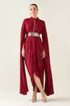 Buy_Aakaar_Red Moss Crepe Band Collar Armour Style Draped Dress With Metallic Belt _at_Aza_Fashions