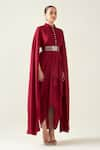 Shop_Aakaar_Red Moss Crepe Band Collar Armour Style Draped Dress With Metallic Belt _Online_at_Aza_Fashions