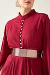 Aakaar_Red Moss Crepe Band Collar Armour Style Draped Dress With Metallic Belt _at_Aza_Fashions