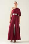 Buy_Aakaar_Wine Moss Crepe Alloy Asymmetric Flared Jumpsuit With Metallic Belt For Kids_at_Aza_Fashions