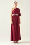 Aakaar_Wine Moss Crepe One Shoulder Alloy Asymmetric Flared Jumpsuit With Metallic Belt _Online_at_Aza_Fashions