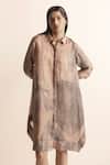 Buy_Abhishek Sharma_Brown Cotton, Linen Collared Nadru Lotus Pond Print Shirt Dress _Online_at_Aza_Fashions