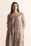 Abhishek Sharma_Brown Cotton, Linen V-neck Nadru Lotus Pond Print Dress _Online_at_Aza_Fashions