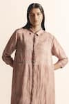 Abhishek Sharma_Brown Cotton, Linen Collared Nadru Lotus Pond Print Shirt Dress _Online_at_Aza_Fashions