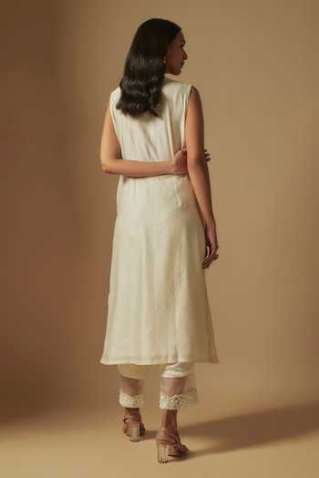 Shop_Asaga_Ivory Organza, Chanderi, Muslin Embroidery, Floral Cutdana Kurta Pant Set _at_Aza_Fashions