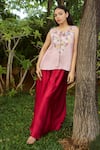 Shop_Purple Patch_Pink Top Dupion Silk Embroidered Thread Round Camellia With Flared Pant _at_Aza_Fashions