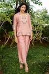 Buy_Purple Patch_Pink Silk Chanderi Embroidered Applique Notched Petunia Top With Pant _Online_at_Aza_Fashions