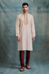 Buy_Krishna Mehta_Maroon Tussar, Cotton Zari Butti Block Print Kurta With Churidar _at_Aza_Fashions