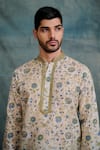 Shop_Krishna Mehta_Blue Tussar Zari Floral Jaali Block Print Kurta With Pathani Salwar _Online_at_Aza_Fashions