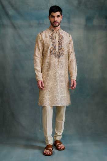 Buy_Krishna Mehta_Beige Tussar Embroidery Paisley Block Print Kurta With Churidar _at_Aza_Fashions