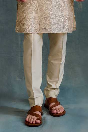 Krishna Mehta_Beige Tussar Embroidery Paisley Block Print Kurta With Churidar _Online_at_Aza_Fashions