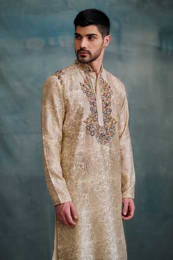 Buy_Krishna Mehta_Beige Tussar Embroidery Paisley Block Print Kurta With Churidar _Online_at_Aza_Fashions