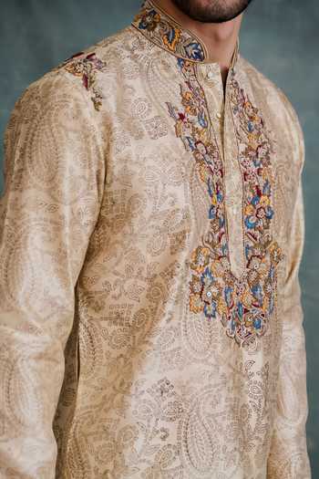 Shop_Krishna Mehta_Beige Tussar Embroidery Paisley Block Print Kurta With Churidar _Online_at_Aza_Fashions