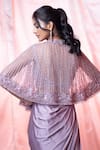 Shop_Jiya by Veer Design Studio_Purple Net Embroidered Crytsal Round Cape Draped Skirt Set _at_Aza_Fashions