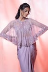 Buy_Jiya by Veer Design Studio_Purple Net Embroidered Crytsal Round Cape Draped Skirt Set _Online_at_Aza_Fashions
