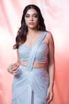 Shop_Jiya by Veer Design Studio_Blue Chiffon Embroidered Sequin Sweetheart Textured Pre-draped Saree With Blouse _Online_at_Aza_Fashions