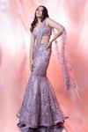 Shop_Jiya by Veer Design Studio_Purple Net Embroidered Sequin Sweetheart Floral Vine Mermaid Saree With Blouse _Online_at_Aza_Fashions