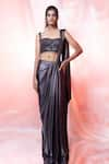 Jiya by Veer Design Studio_Black Shimmer Hand Embroidered Pleat Detailed Pre-draped Saree With Blouse _at_Aza_Fashions