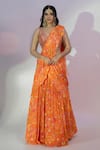 Buy_Jiya by Veer Design Studio_Orange Printed Chiffon Hand Embroidered Mirror Leaf Floral Lehenga Blouse Set _at_Aza_Fashions