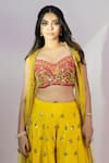 Jiya by Veer Design Studio_Yellow Silk Hand Embroidered Mirror Blouse Sweetheart Palazzo Set With Jacket _Online_at_Aza_Fashions