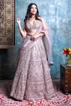 Shop_Jiya by Veer Design Studio_Gold Net Embroidered Cutdana V-neck Floral Mirrorwork Bridal Lehenga Set _at_Aza_Fashions