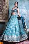 Shop_Jiya by Veer Design Studio_Blue Brocade Embroidered Floral Sweetheart Woven Pattern Lehenga Set _at_Aza_Fashions