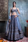 Buy_Jiya by Veer Design Studio_Blue Brocade Embroidered Floral Halter Neck Woven Peacock Lehenga Set _at_Aza_Fashions