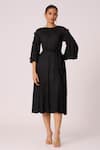 Buy_Scarlet Sage_Black 100% Polyester Textured Pleated Round Annette Midi Dress _at_Aza_Fashions