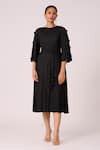 Scarlet Sage_Black 100% Polyester Textured Pleated Round Annette Midi Dress _Online_at_Aza_Fashions